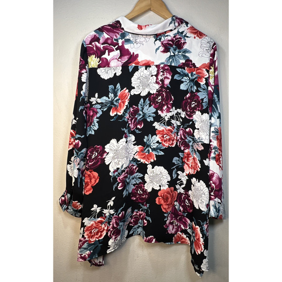 Chico's 2 petite large 12 Long Sleeve Floral Red Black Blouse Shirt Top Tropical - Picture 7 of 12